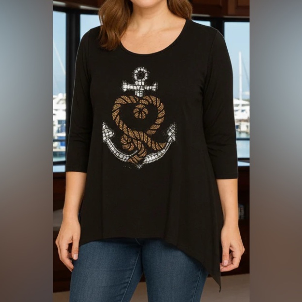 Gardy black asymmetrical cotton tunic beaded anchor & rope embellishment. Sz. M